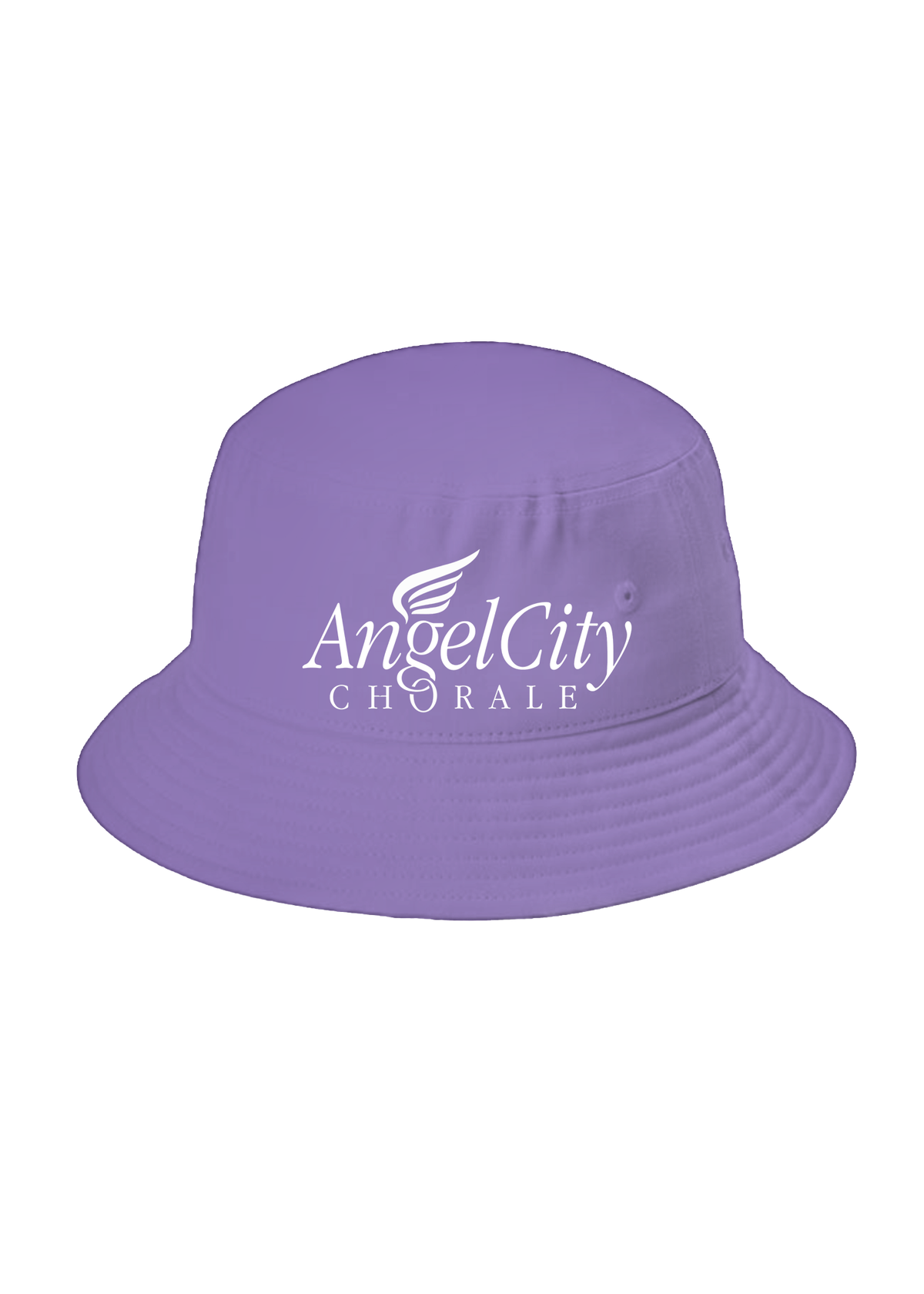 A lavender purple bucket hat with white embroidered text reading 'Angel City CHORALE' and a wing logo on the front, set against a plain white background.