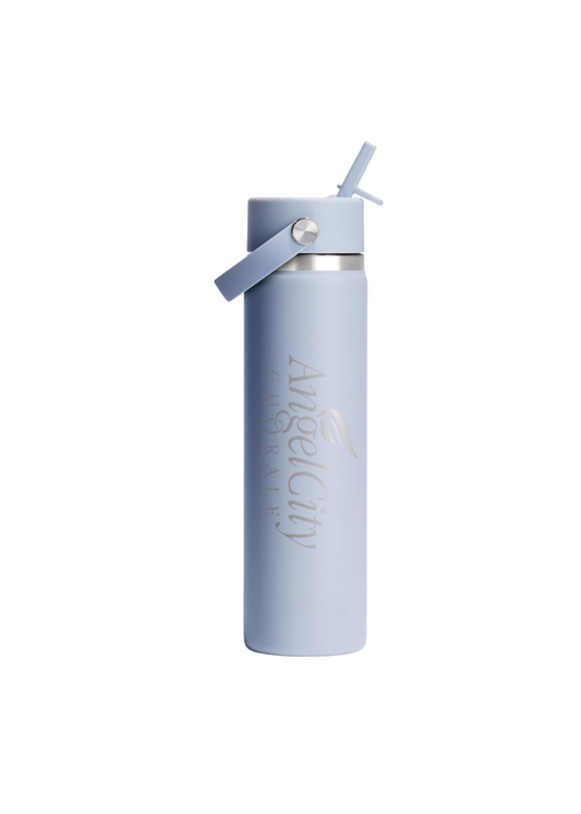 Blue water bottle with straw lid on a white background