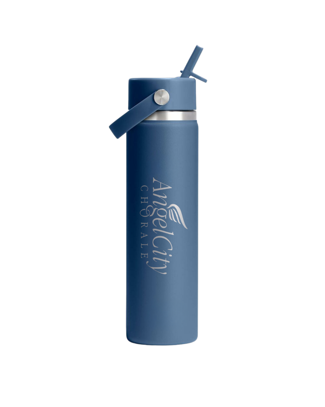 Blue water bottle with straw lid on a white background