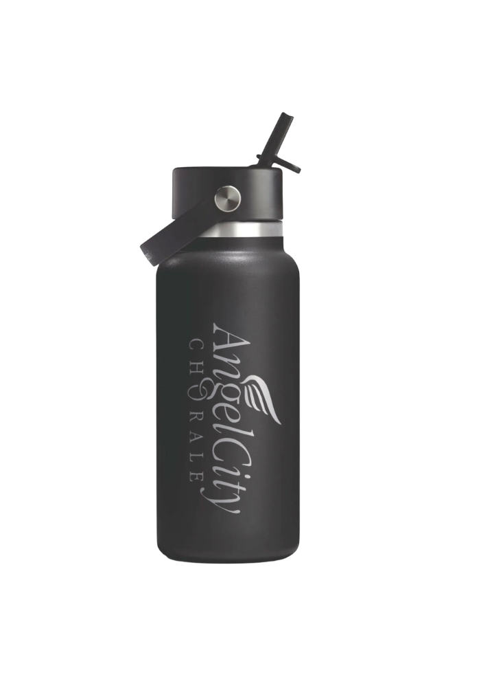 Black water bottle with 'Angel City Choral' branding on a white background