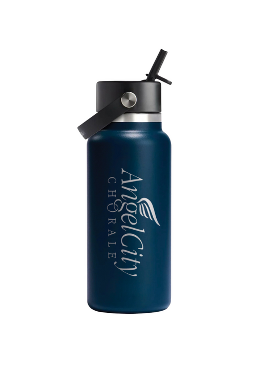Navy blue water bottle with black lid and straw on a white background, featuring 'Angel City Chorale' branding.