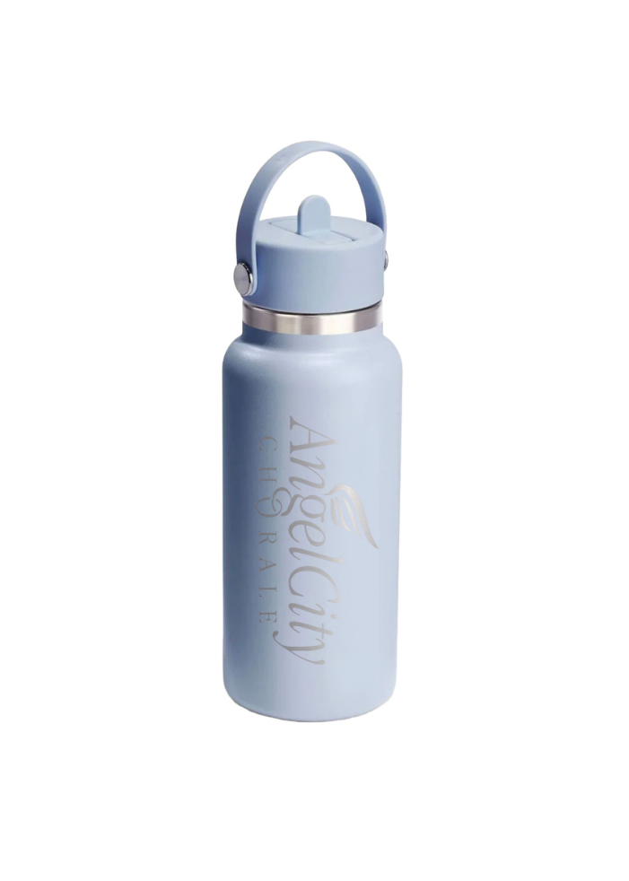 Light blue water bottle with 'Angel City' branding on a white background
