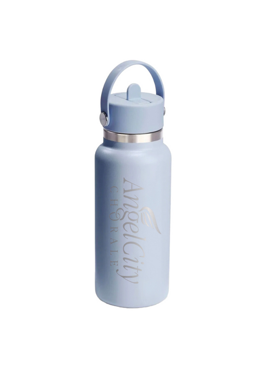 Light blue water bottle with 'Angel City' branding on a white background