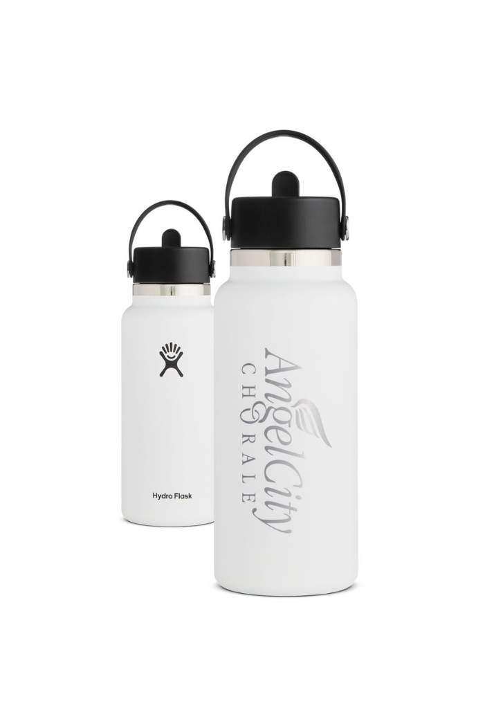 Two white water bottles with black lids on a white background, featuring 'Angel City Chorale' branding.