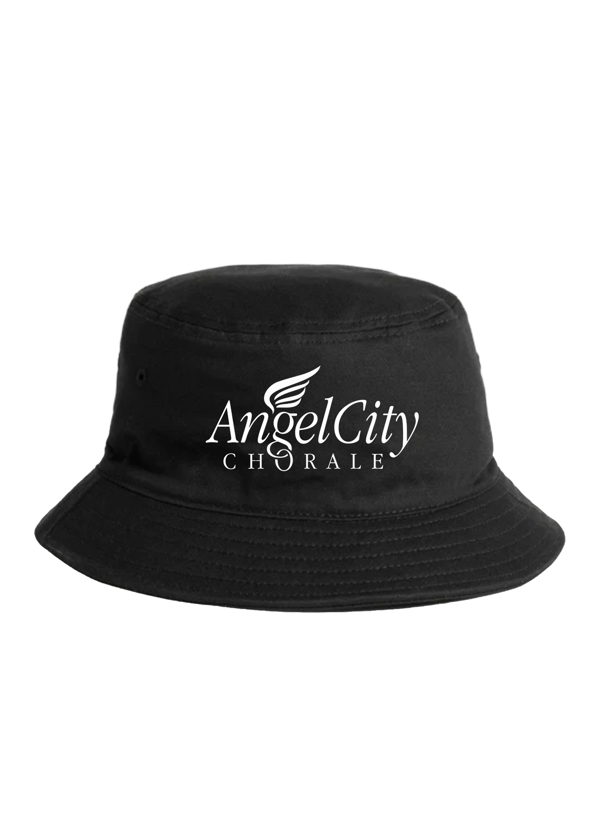 A black bucket hat with white embroidered text reading 'AngelCity CHORALE' and a wing graphic on the front, shown against a plain white background.