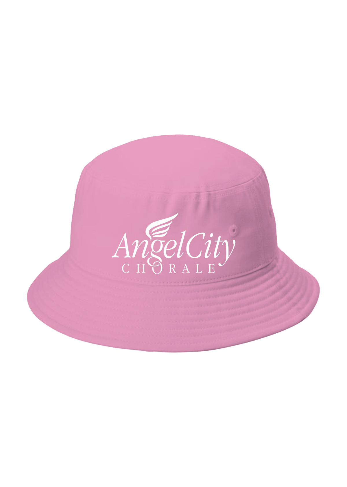 A pink bucket hat with white embroidered text reading 'Angel City CHORALE' and a small wing logo on the front, shown against a plain white background.