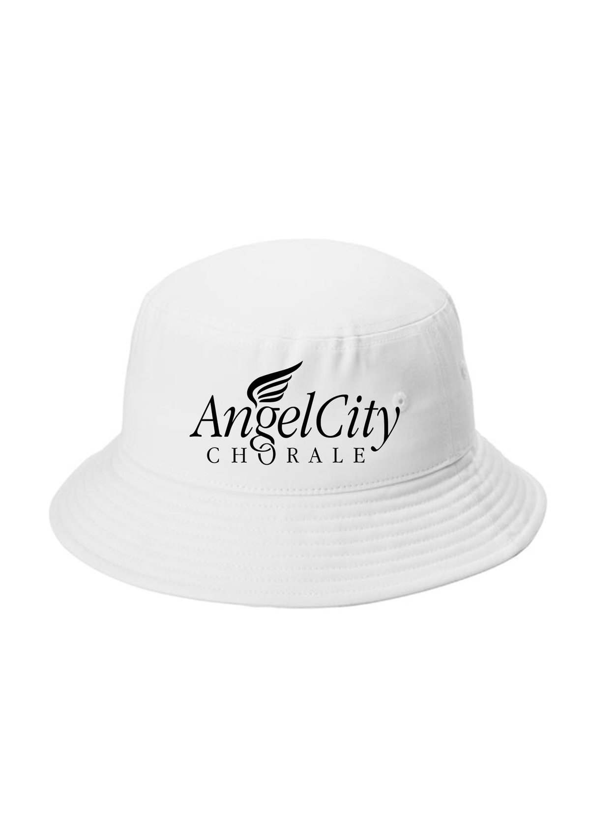A white bucket hat with a black embroidered logo reading 'Angel City CHORALE' on the front, set against a plain white background.