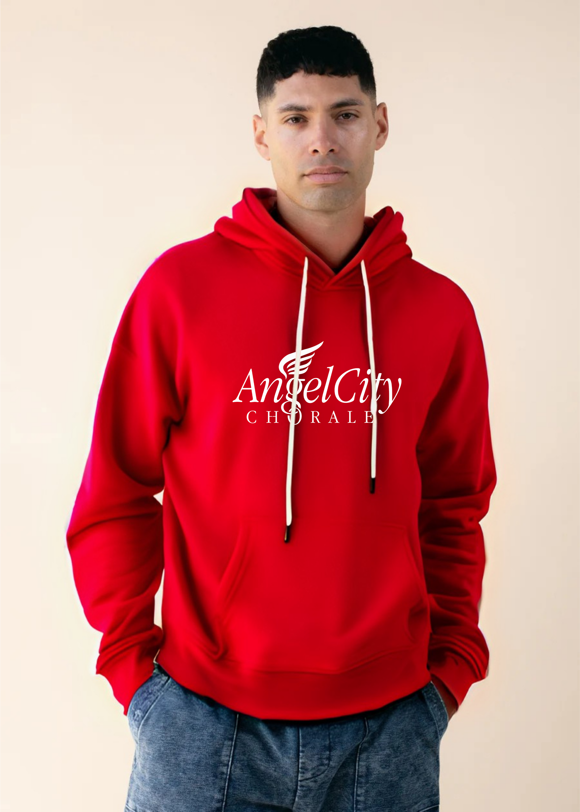 Person wearing a red hoodie with 'Angel City Chorale' logo on a beige background