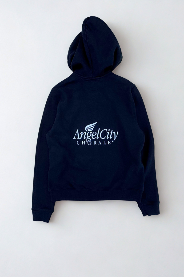 Black hoodie with 'Angel City Chorale' logo on a white background